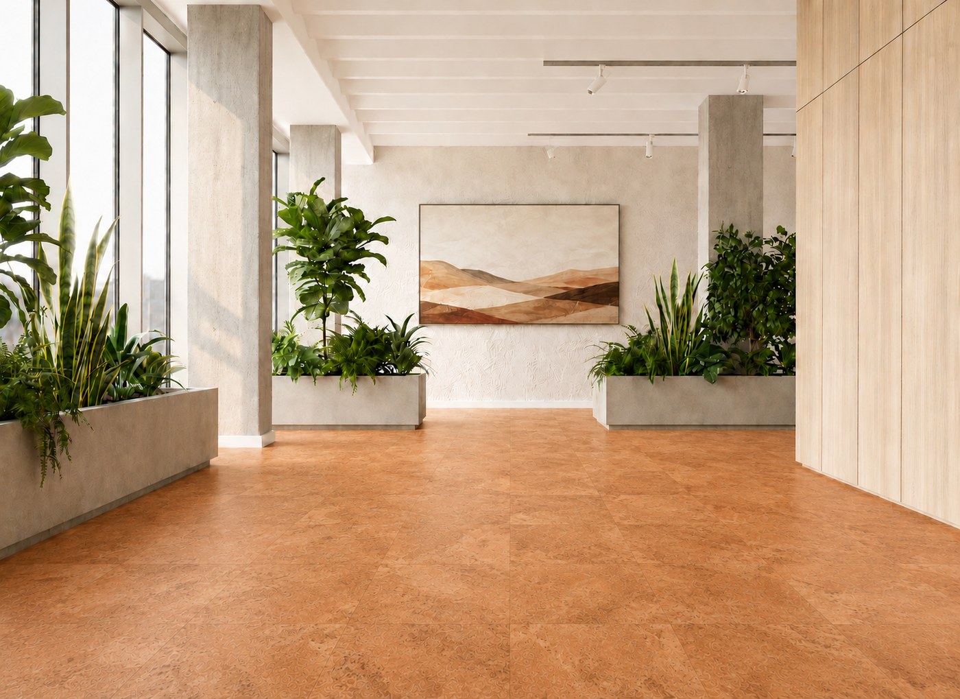 Biophilic commercial lobby with natural light, greenery, and warm cork flooring